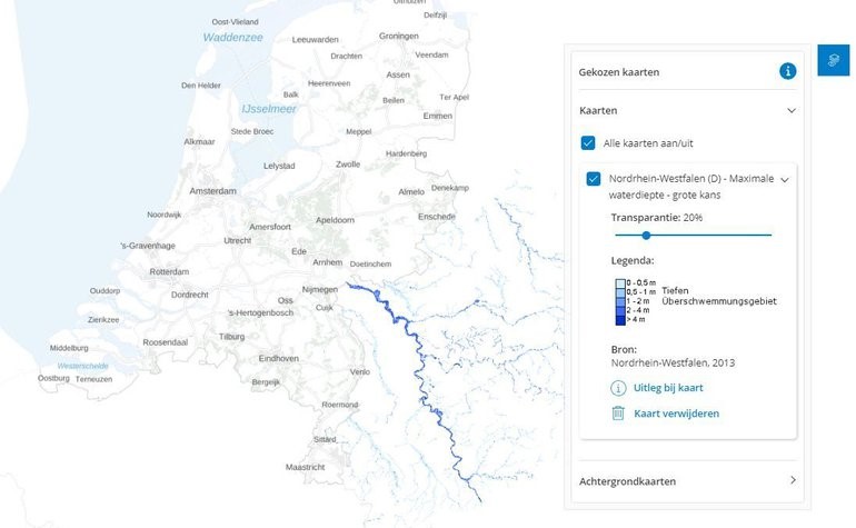 Kaart maximale waterdiepte - grote kans Noordrijn-Westfalen (Bron: Atlas Leefomgeving)