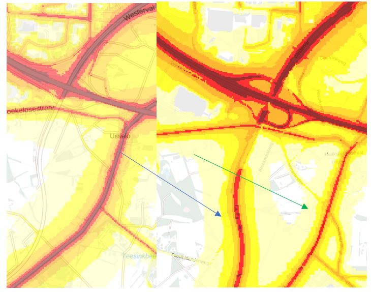 Uitsnede uit de oude (links) en nieuwe kaart van wegverkeersgeluid (rechts) bij Usselo 