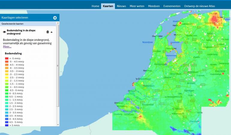 kaart die bodemdaling in diepe ondergrond weergeeft in Nederland