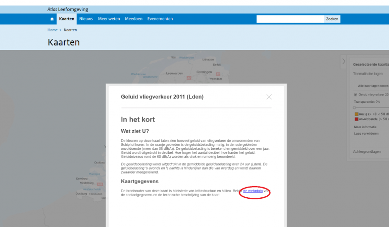 Stap 1 Screenshot van waar de link naar de technische informatie van de kaart kan worden gevonden